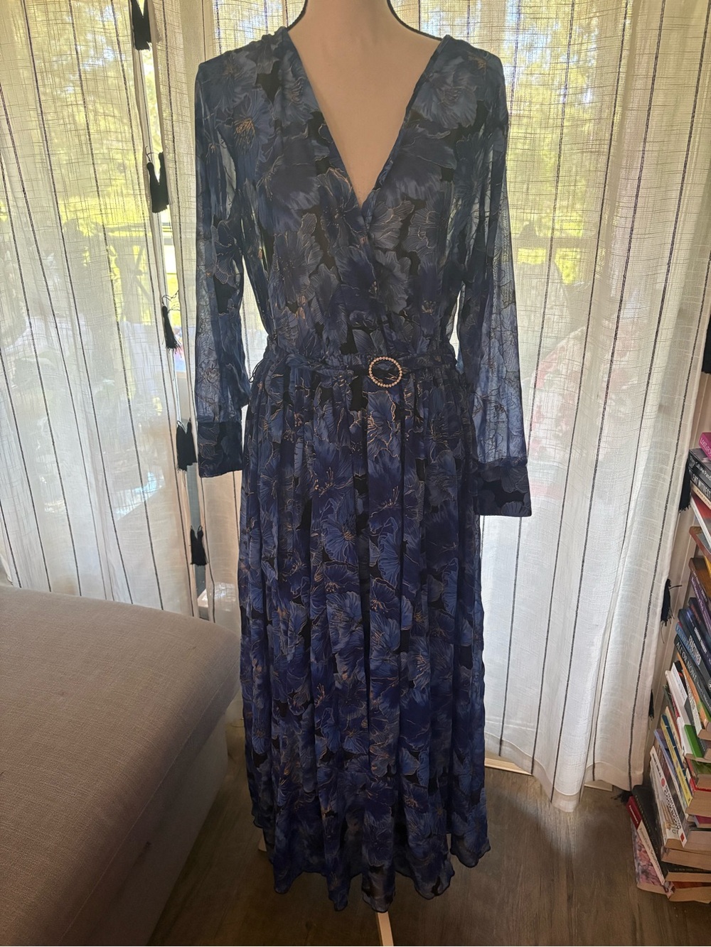 Blue Floral Wrap Maxi Dress with Decorative Belt